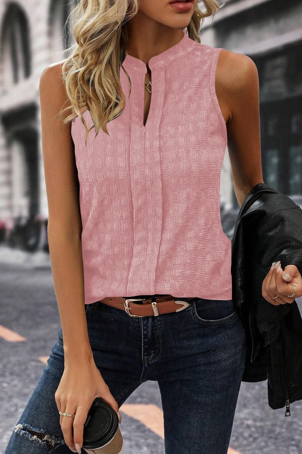 Women's Lattice Textured Split Neck Tank Top Pleated Sleeveless Blouse