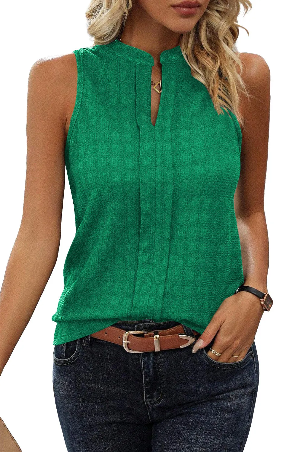 Women's Lattice Textured Split Neck Tank Top Pleated Sleeveless Blouse