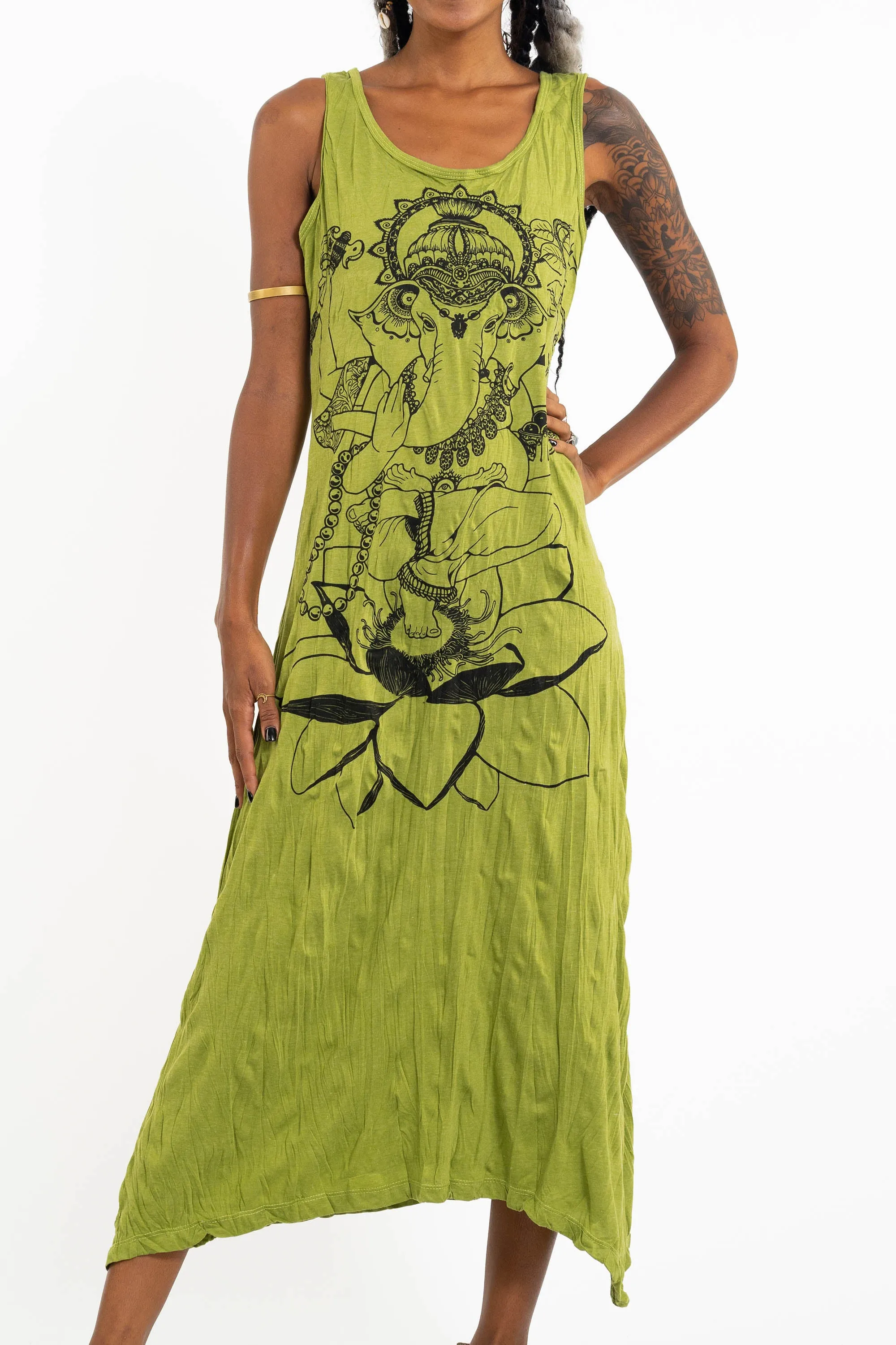 Womens Lord Ganesh Long Tank Dress in Lime