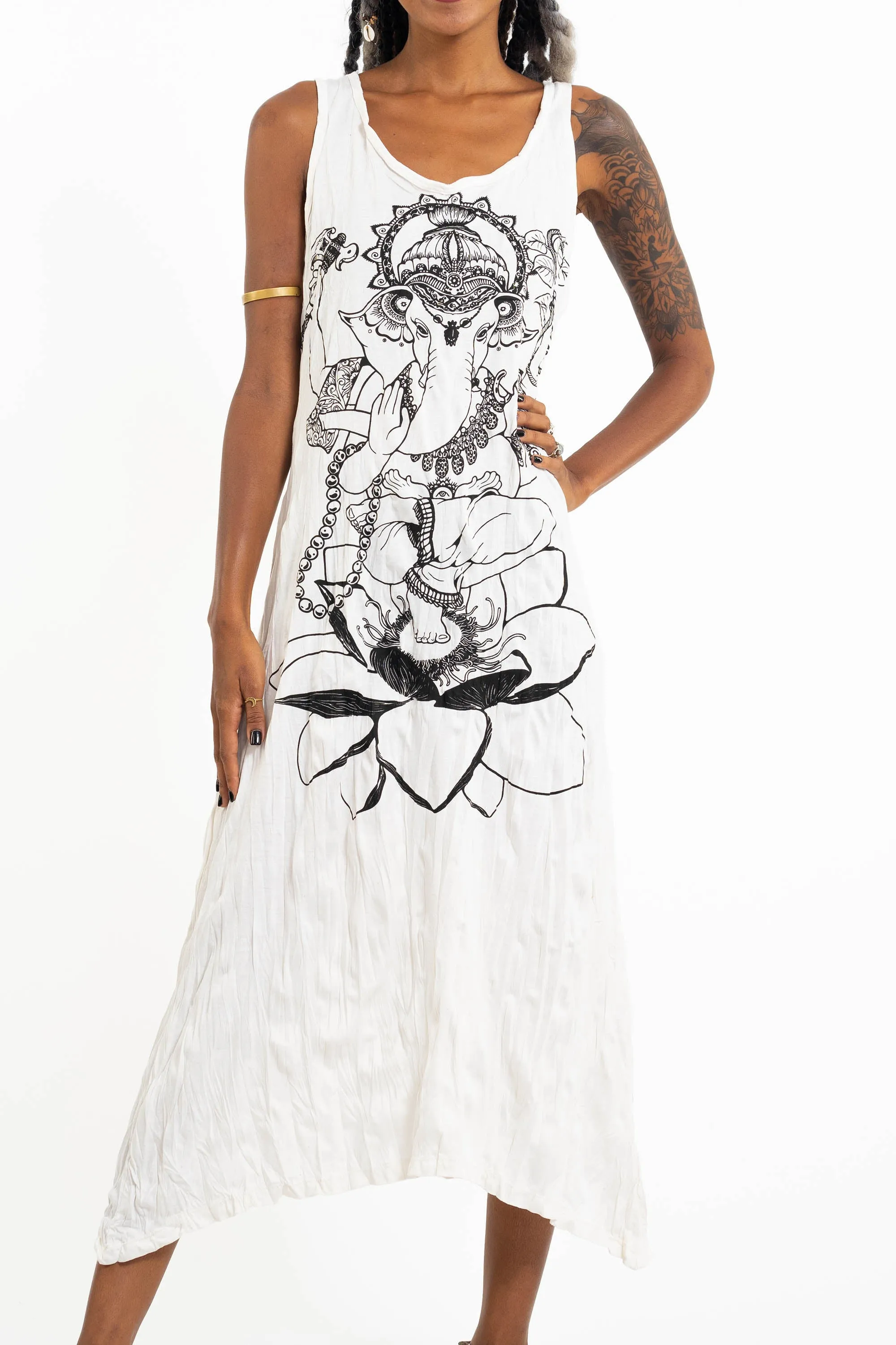 Womens Lord Ganesh Long Tank Dress in White