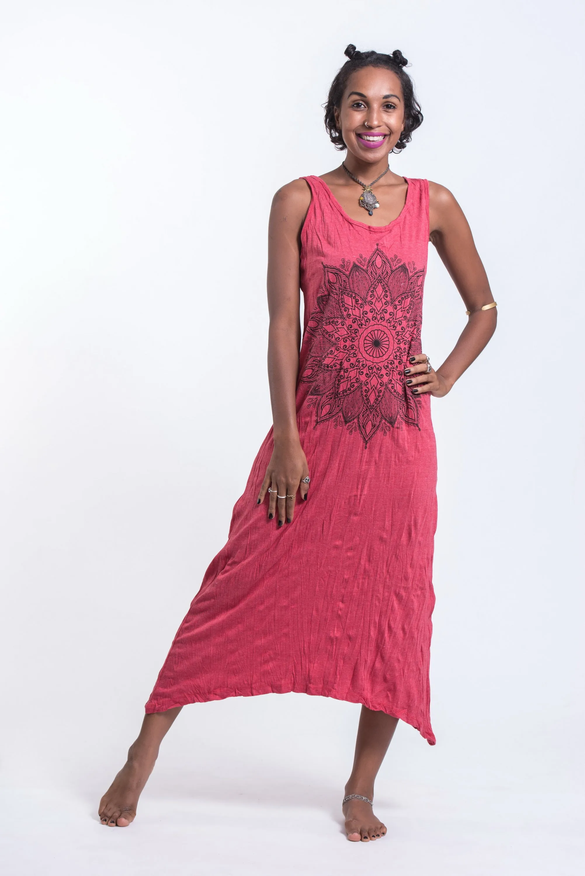 Womens Lotus Mandala Long Tank Dress in Red