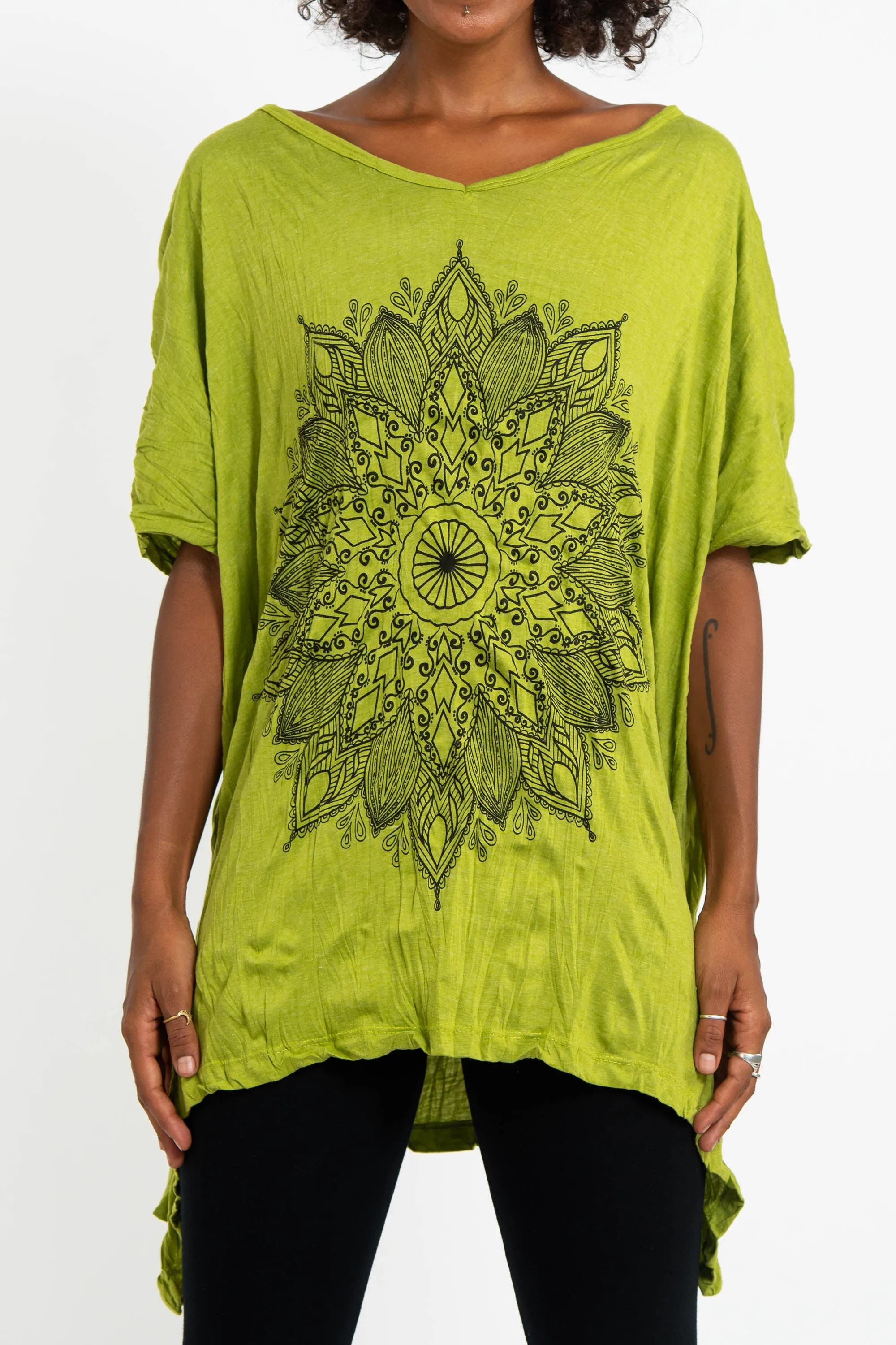 Womens Lotus Mandala Loose V Neck T-Shirt in Lime