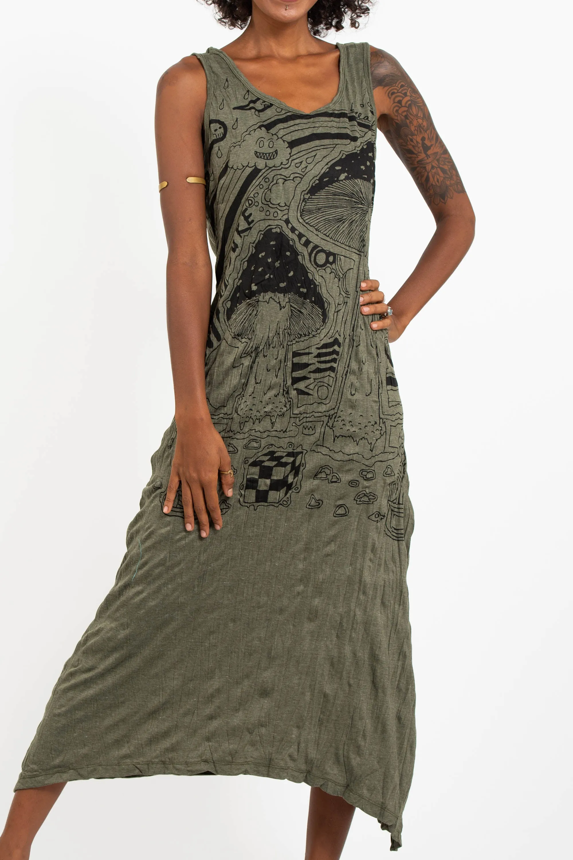 Womens Magic Mushroom Long Tank Dress in Green