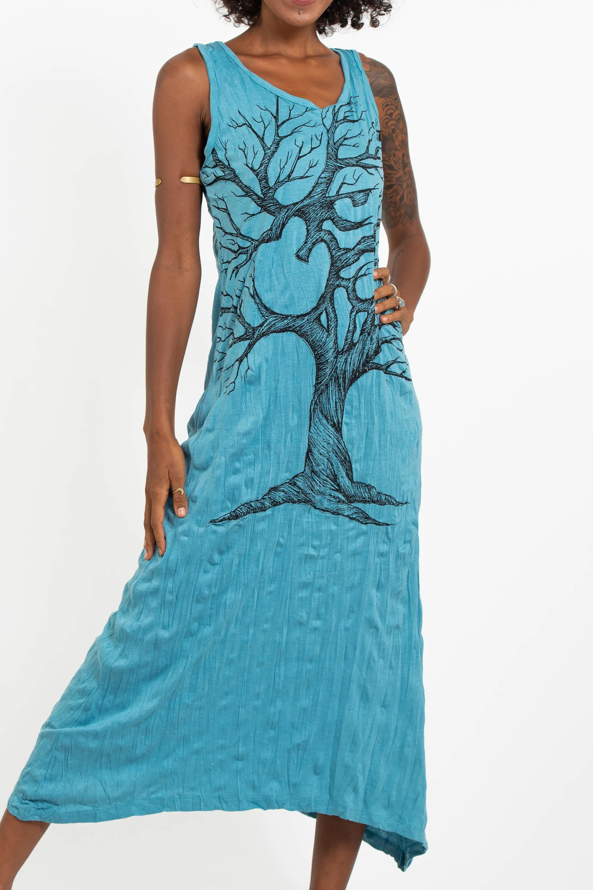 Womens Om Tree Long Tank Dress in Turquoise