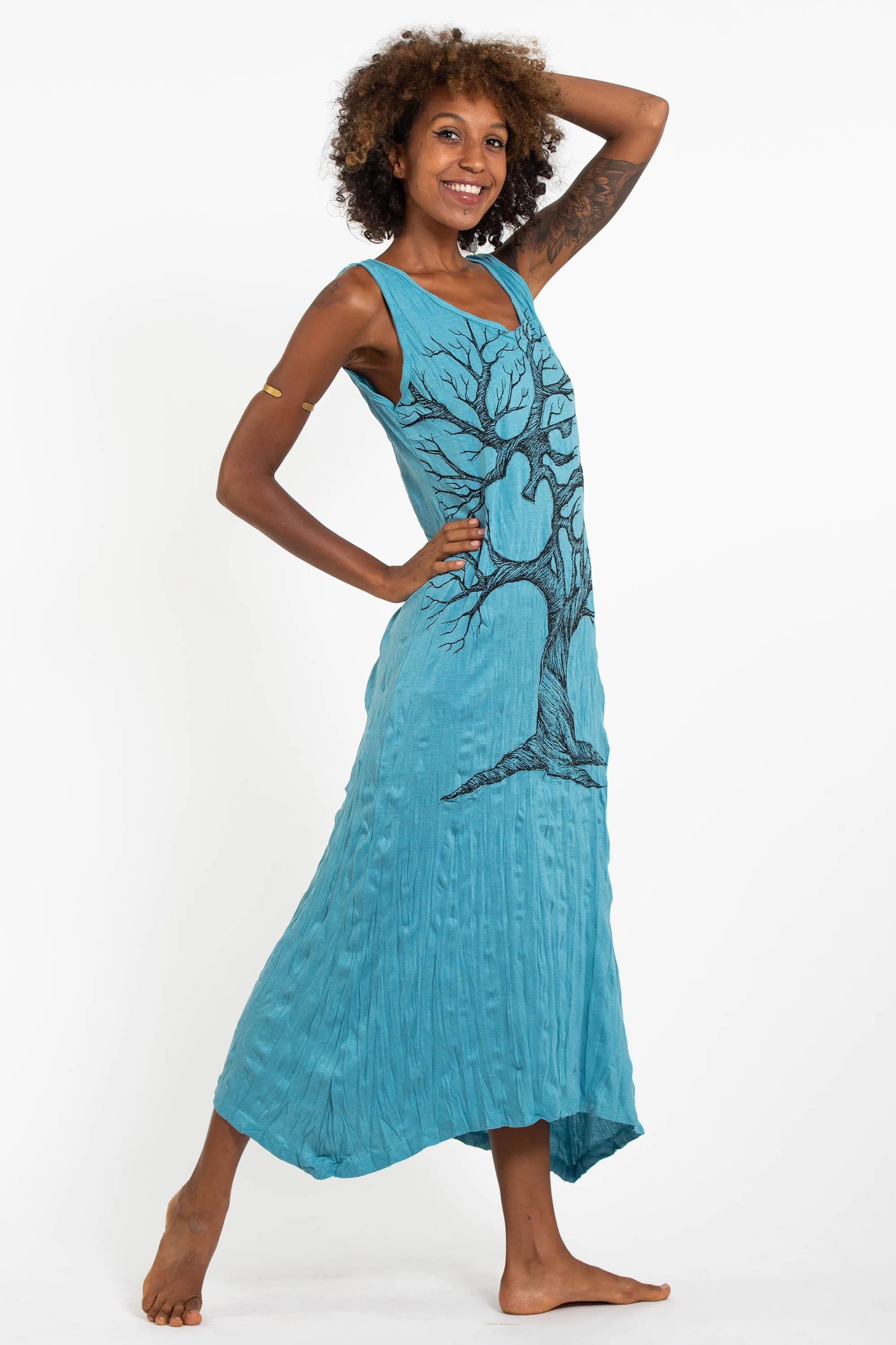 Womens Om Tree Long Tank Dress in Turquoise