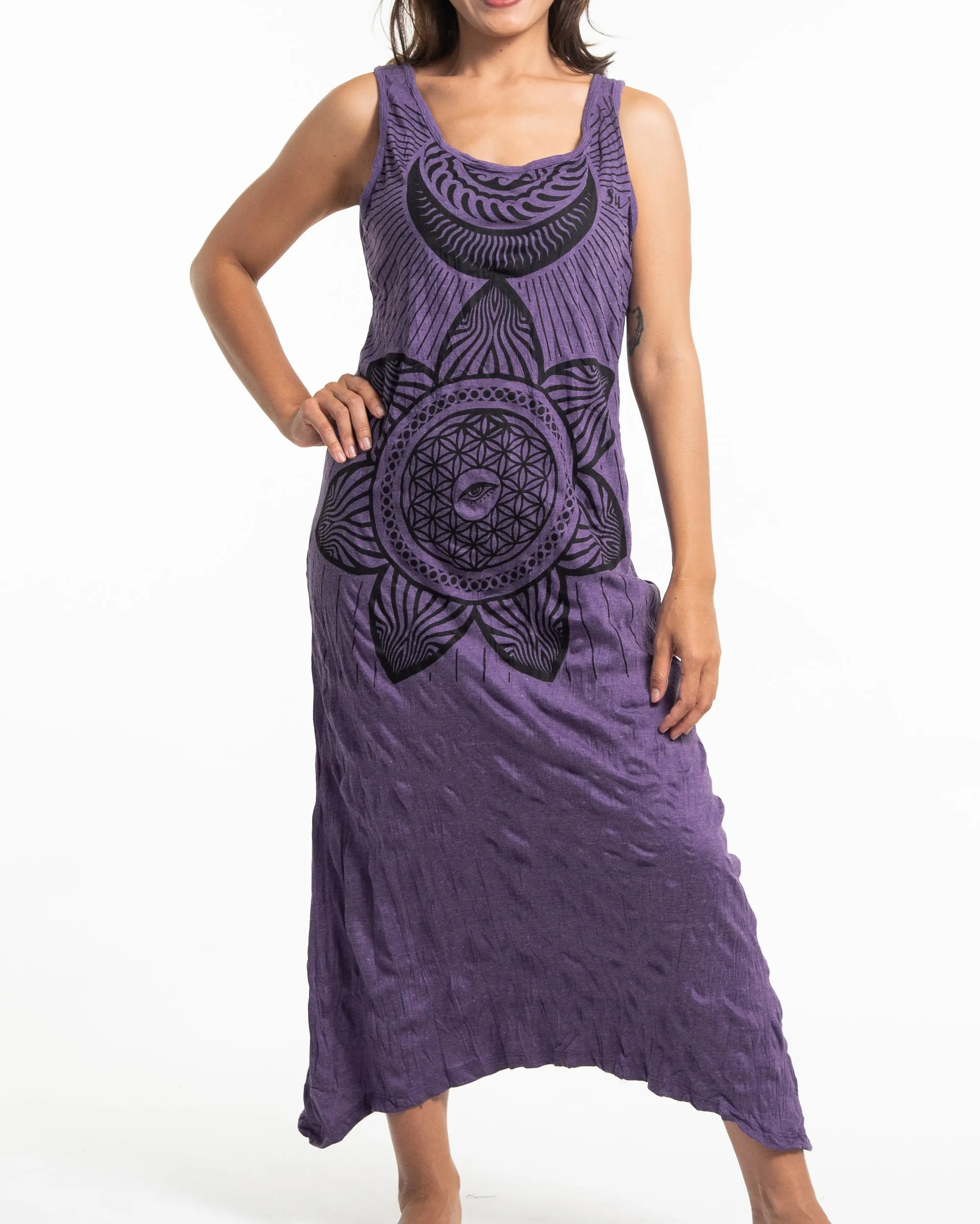 Womens Sacred Geometry Mandala Long Tank Dress in Purple