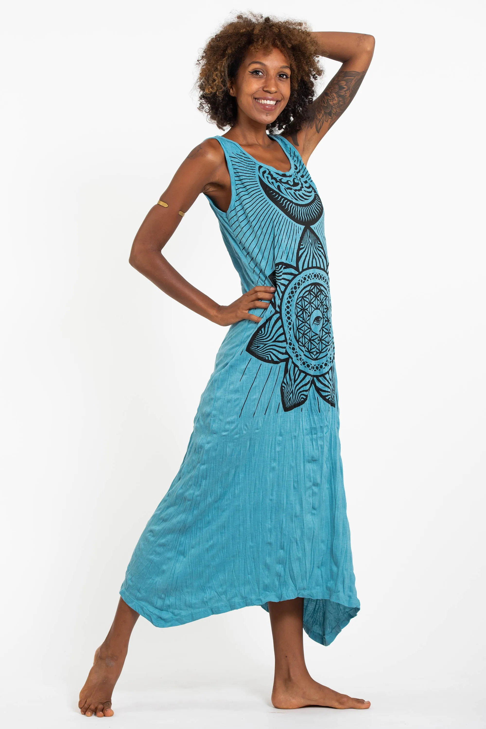 Womens Sacred Geometry Mandala Long Tank Dress in Turquoise