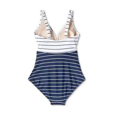 Women's Striped V-Neck Full Coverage One Piece Swimsuit - Kona Sol Navy