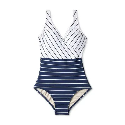 Women's Striped V-Neck Full Coverage One Piece Swimsuit - Kona Sol Navy