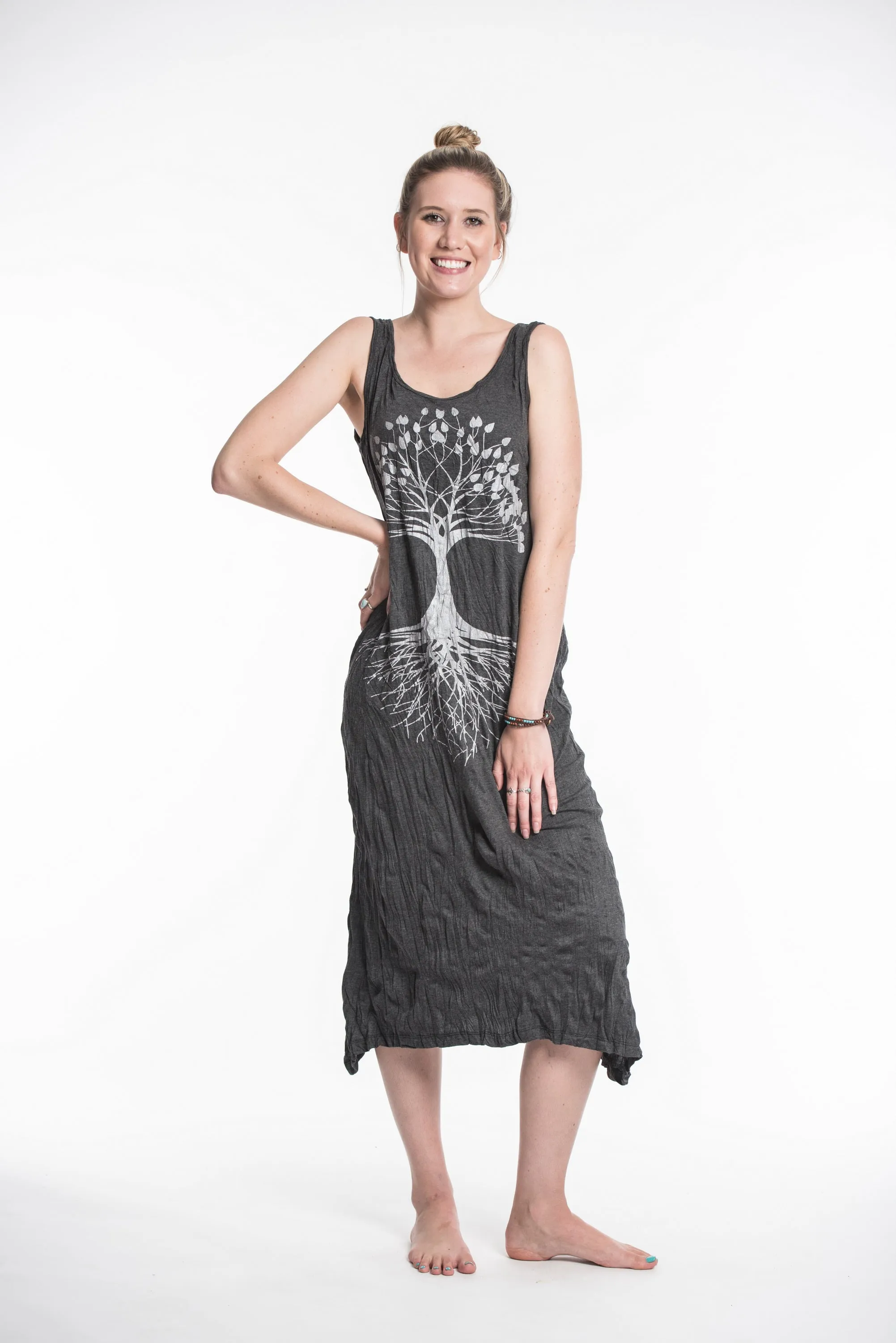 Womens Tree of Life Long Tank Dress in Silver on Black