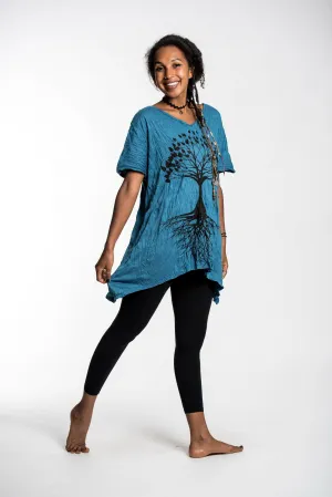 Womens Tree of Life Loose V Neck T-Shirt in Denim Blue