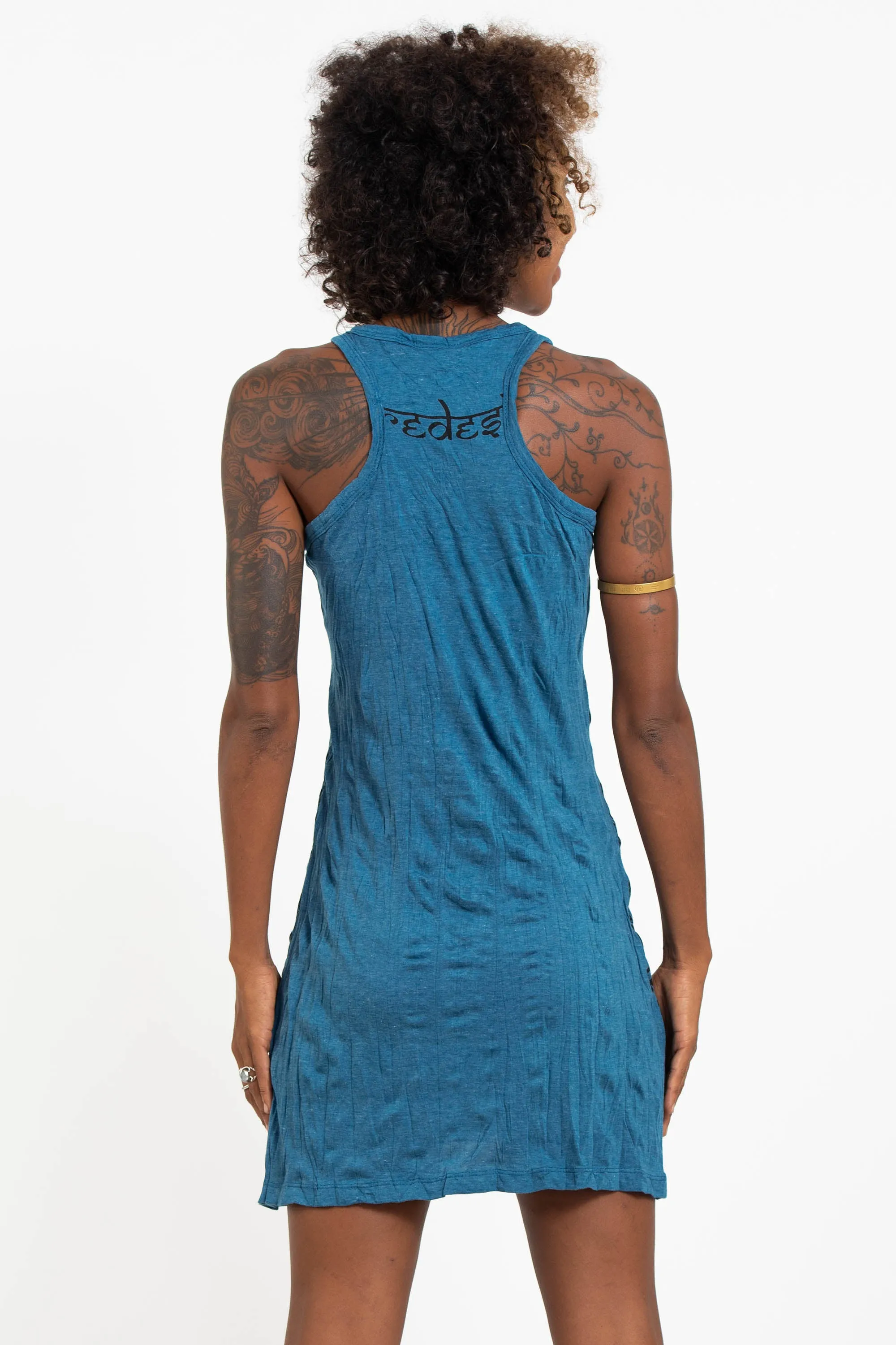 Womens Tribal Masks Tank Dress in Denim Blue