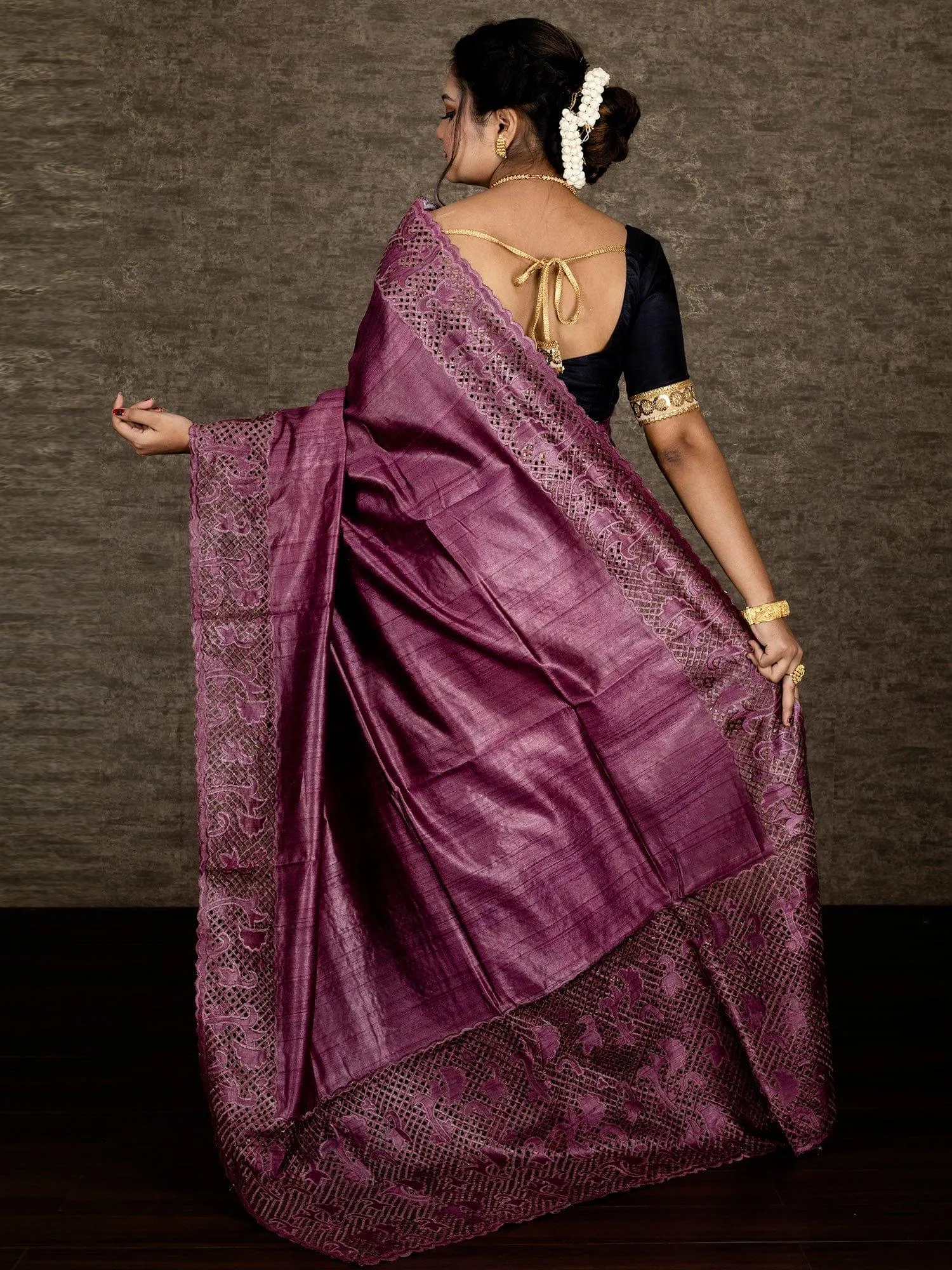 Wonderful Violet Red Embroidered Cutwork Tussar Silk Saree