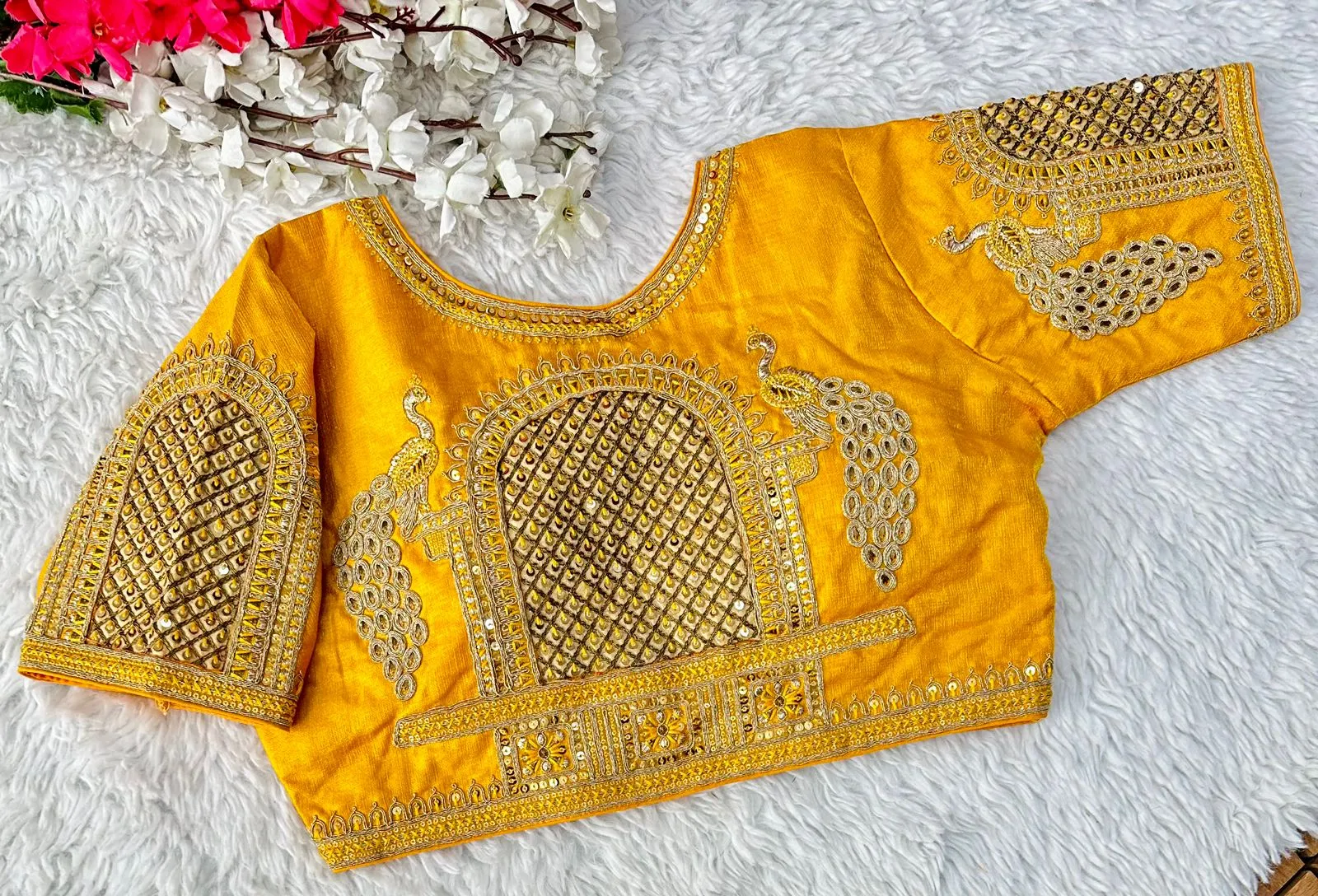 Yellow Watermelon Silk Blouse with Beautiful Cording and Hand-Touched Sequins