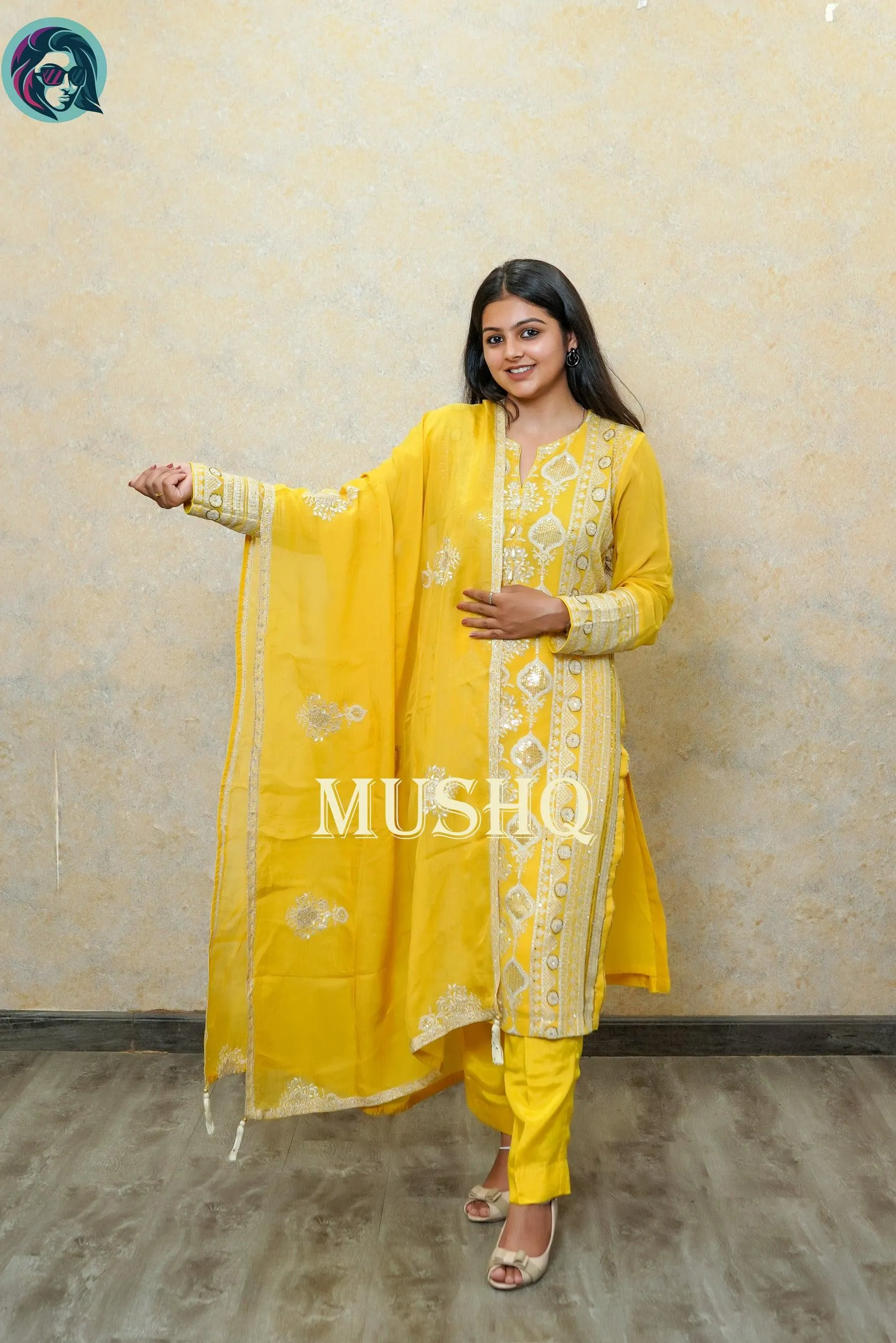 Zest Yellow Silver Embroidered Suit with Intricate Detailing