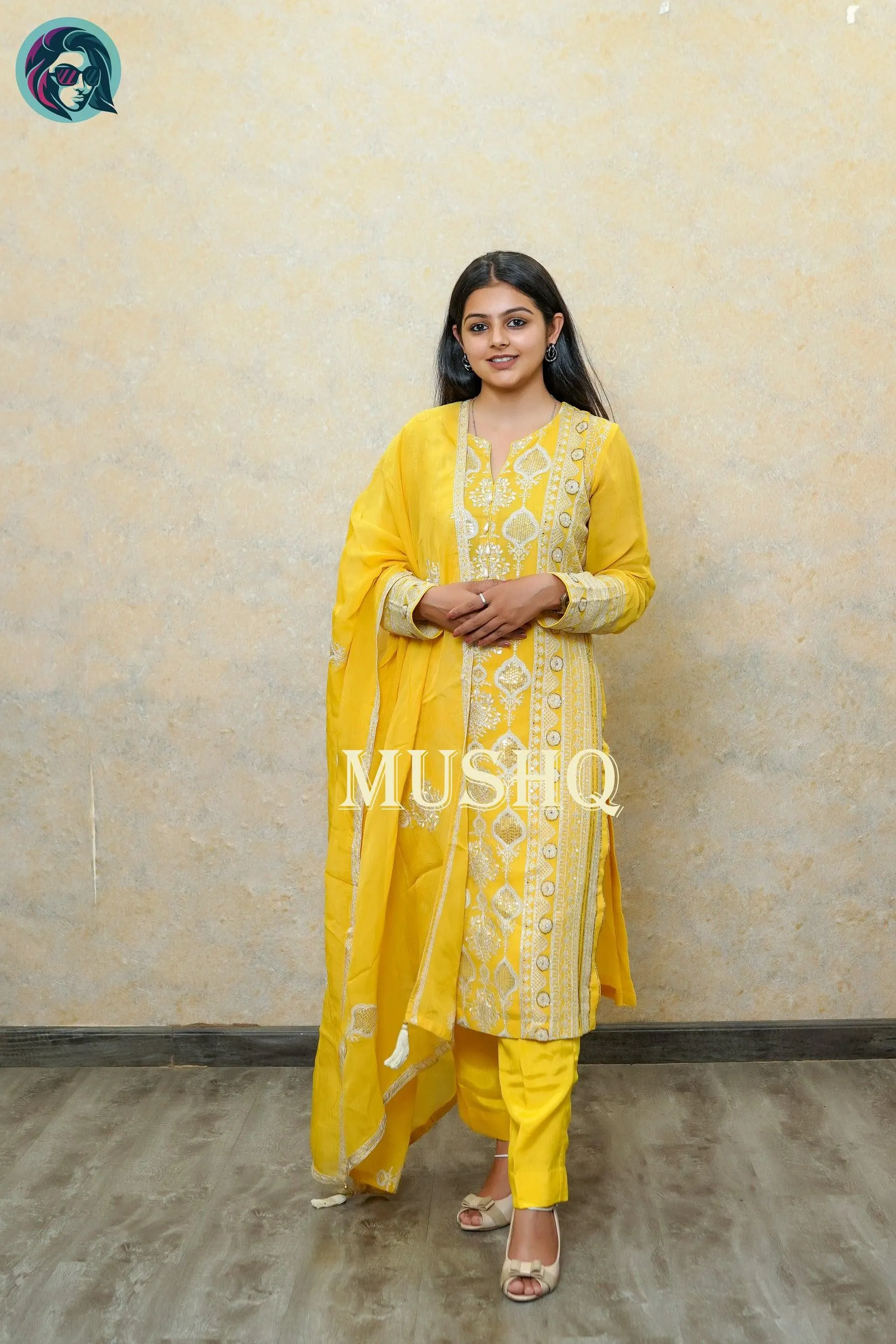 Zest Yellow Silver Embroidered Suit with Intricate Detailing