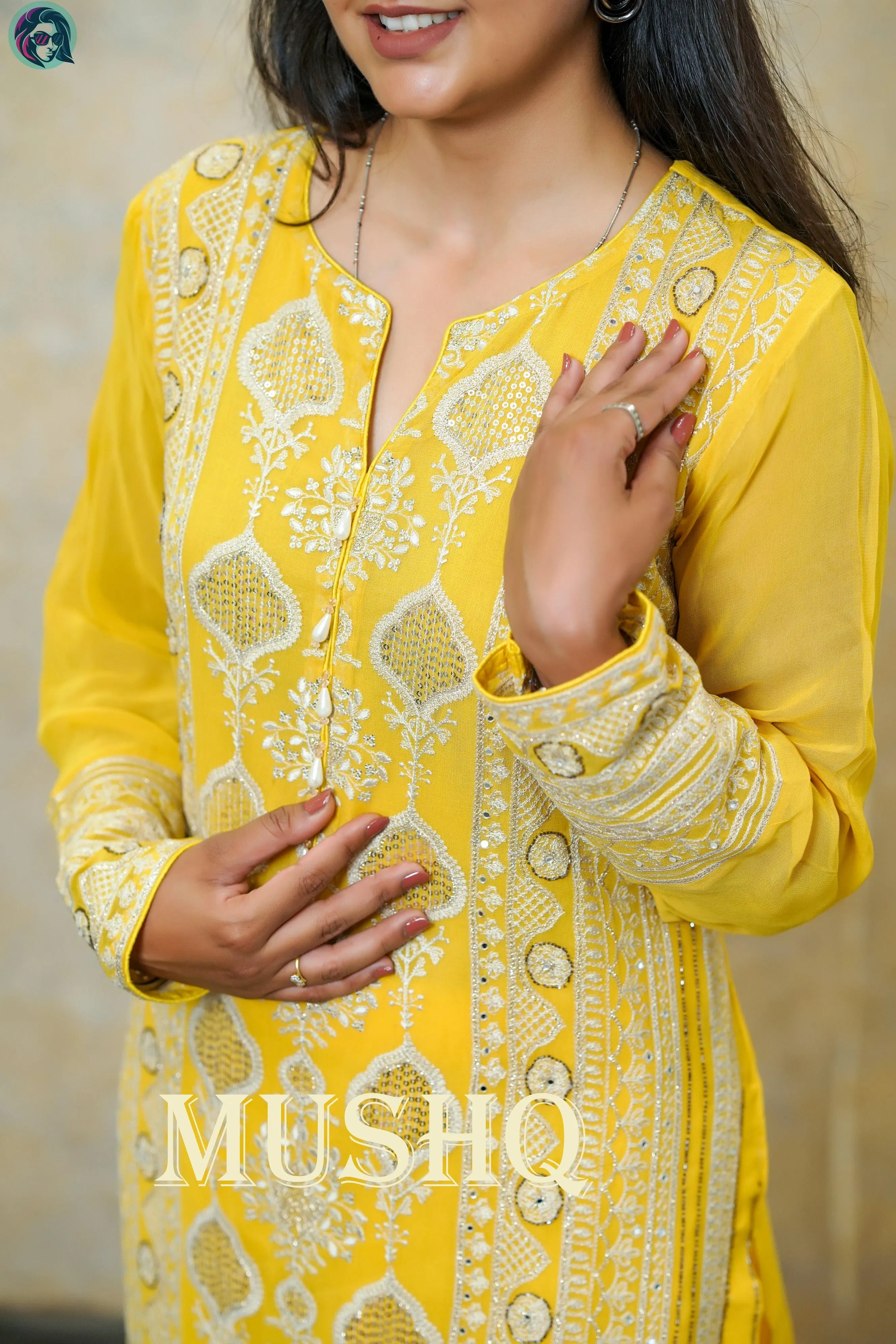 Zest Yellow Silver Embroidered Suit with Intricate Detailing