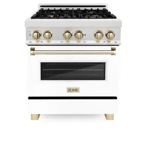 ZLINE Autograph Edition 30" 4.0 cu. ft. Dual Fuel Range in DuraSnow® Stainless Steel with White Matte Door and Gold Accents